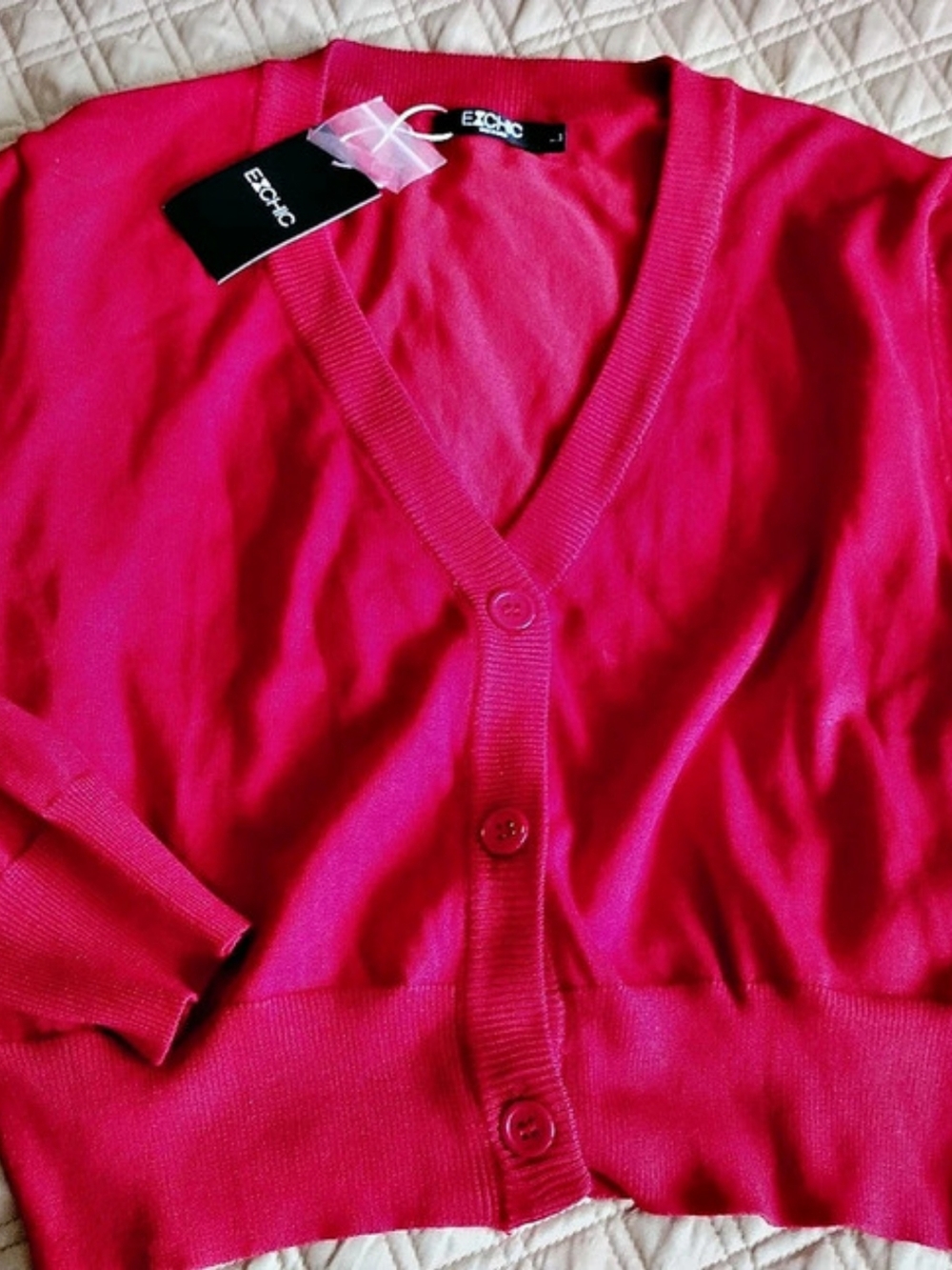 EXCHIC Women' Red Cropped Knit Cardigan Long Sleeve Button Down